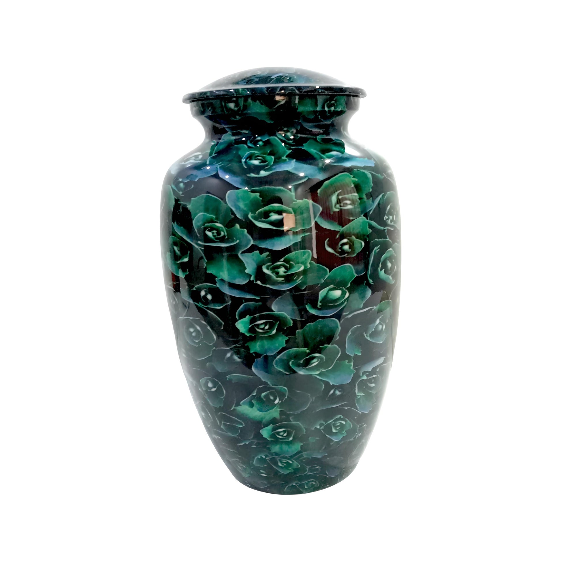 Adult Cremation Urn Green Rose Floral Design Gloss Aluminum Finish (Product Code NUGF)