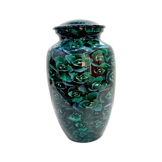 Adult Cremation Urn Green Rose Floral Design Gloss Aluminum Finish (Product Code NUGF)