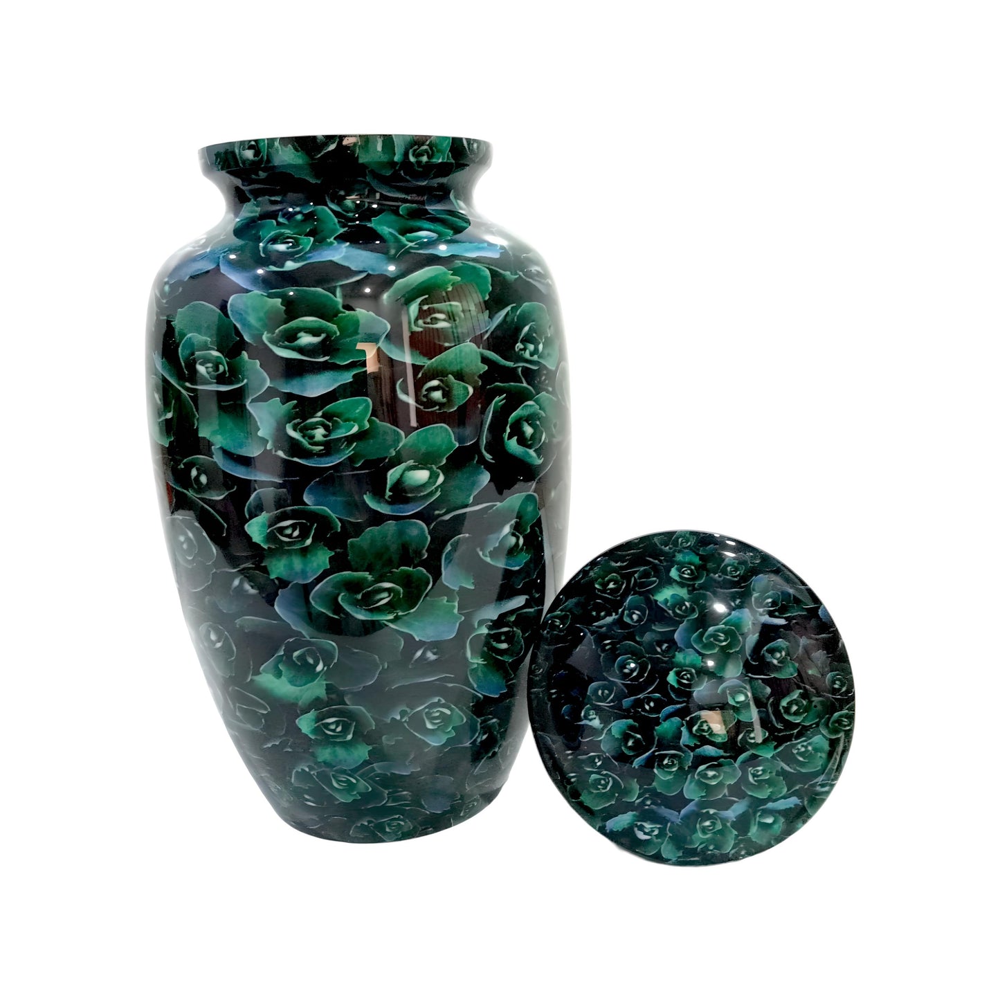 Adult Cremation Urn Green Rose Floral Design Gloss Aluminum Finish (Product Code NUGF)
