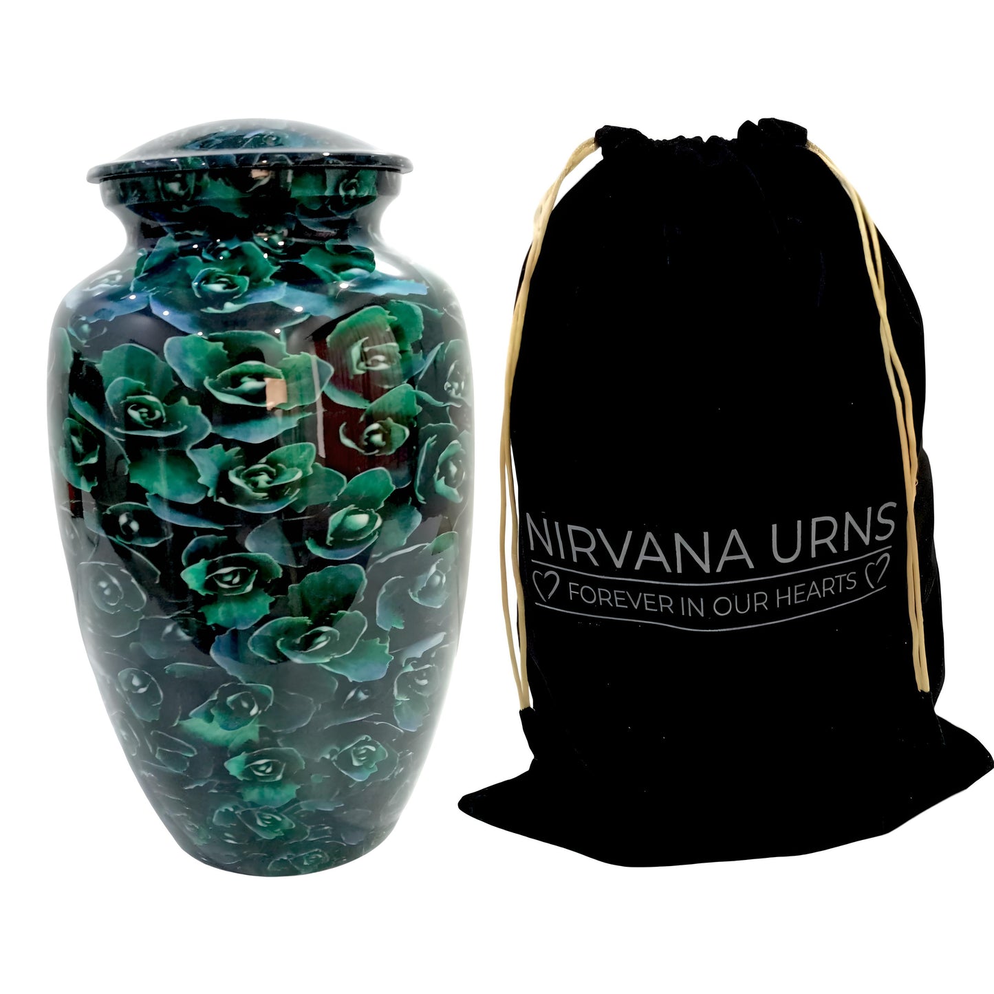 Adult Cremation Urn Green Rose Floral Design Gloss Aluminum Finish (Product Code NUGF)