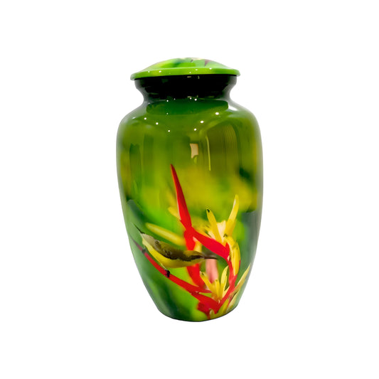 Adult Cremation Urn Hummingbird & Red Floral Design Gloss Green Aluminum Finish (Product Code NUHBRP)