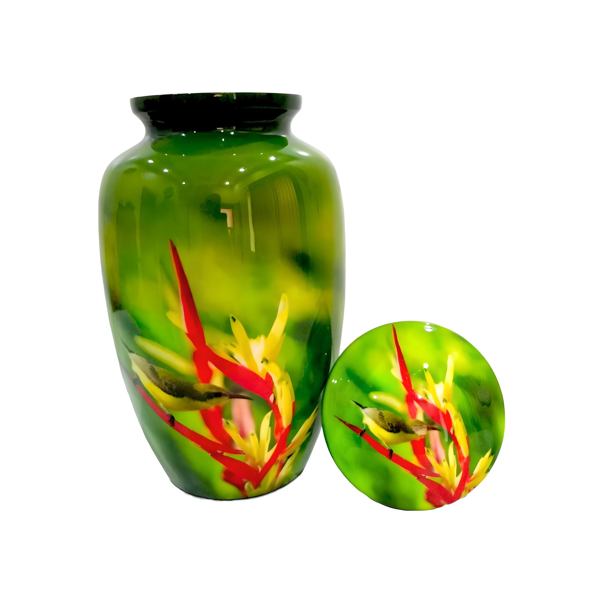 Adult Cremation Urn Hummingbird & Red Floral Design Gloss Green Aluminum Finish (Product Code NUHBRP)