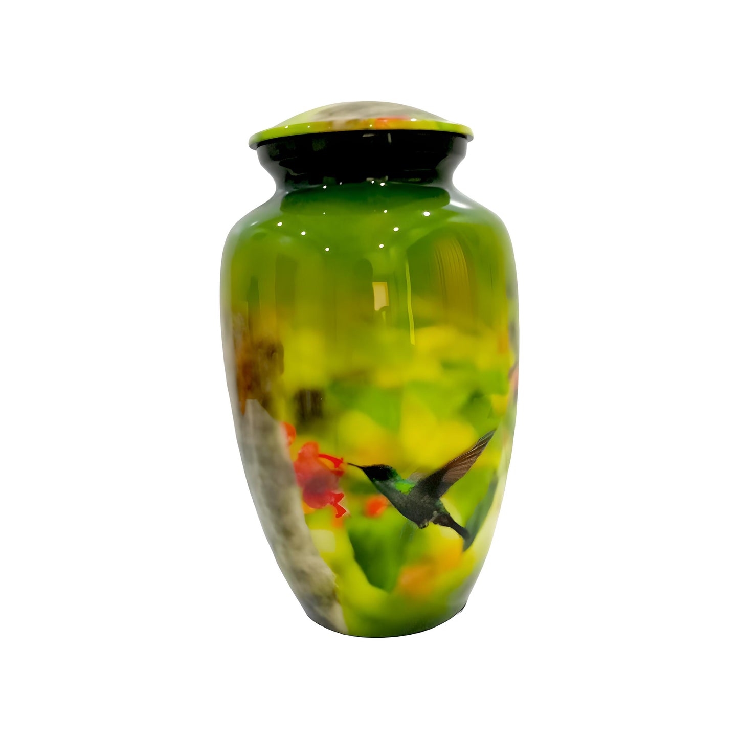 Adult Cremation Urn Hummingbird on Red Flowers in Gloss Green Finish (Product Code: NUPBT)