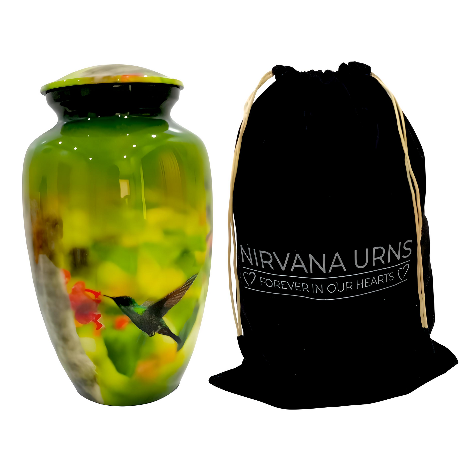Adult Cremation Urn Hummingbird on Red Flowers in Gloss Green Finish (Product Code: NUPBT)