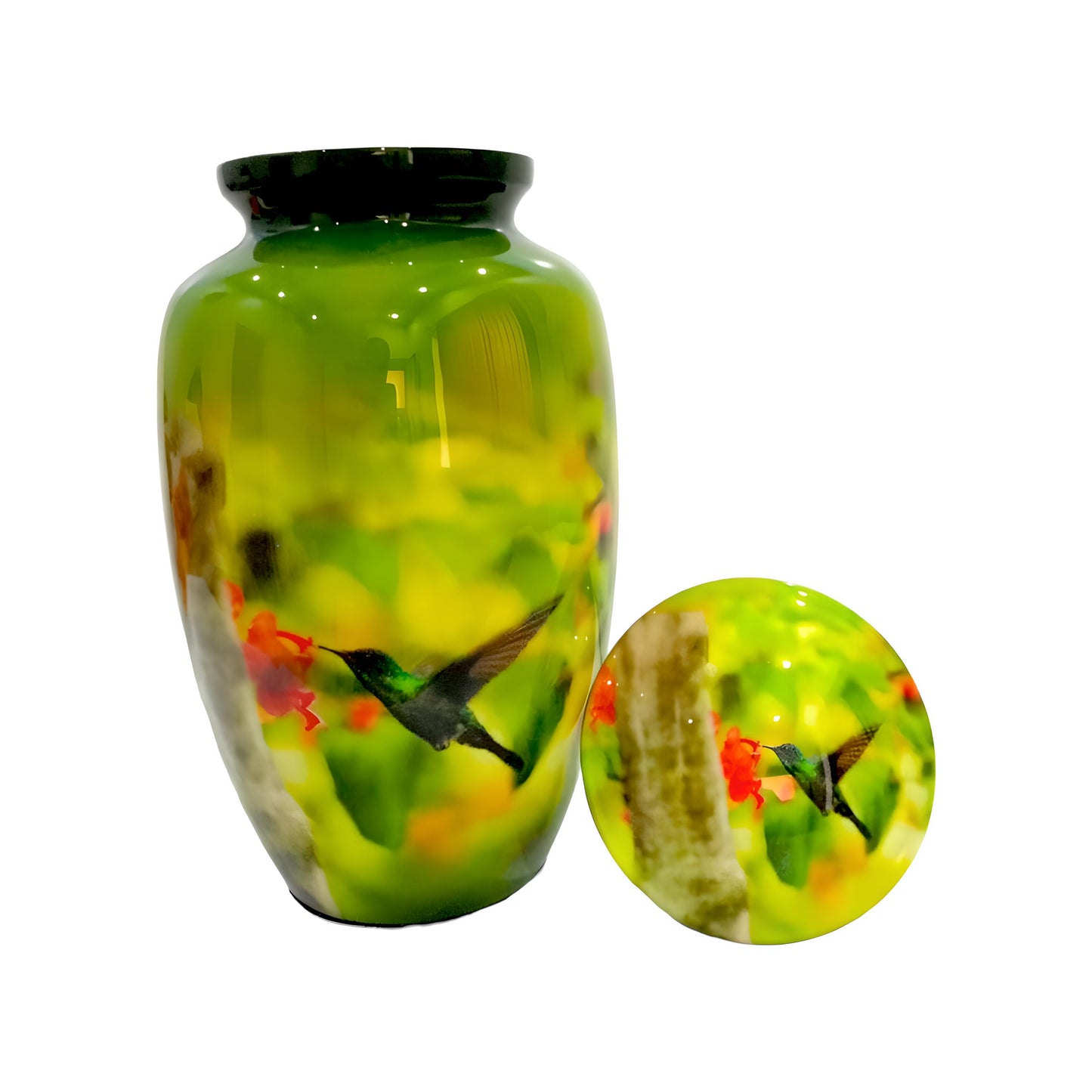 Adult Cremation Urn Hummingbird on Red Flowers in Gloss Green Finish (Product Code: NUPBT)