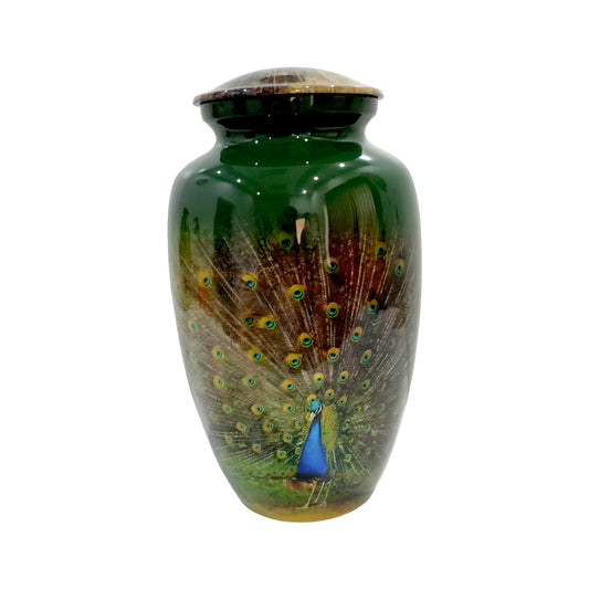 Adult Cremation Urn – Peacock Elegance on Gloss Green Aluminum (Product Code: NUPFO)