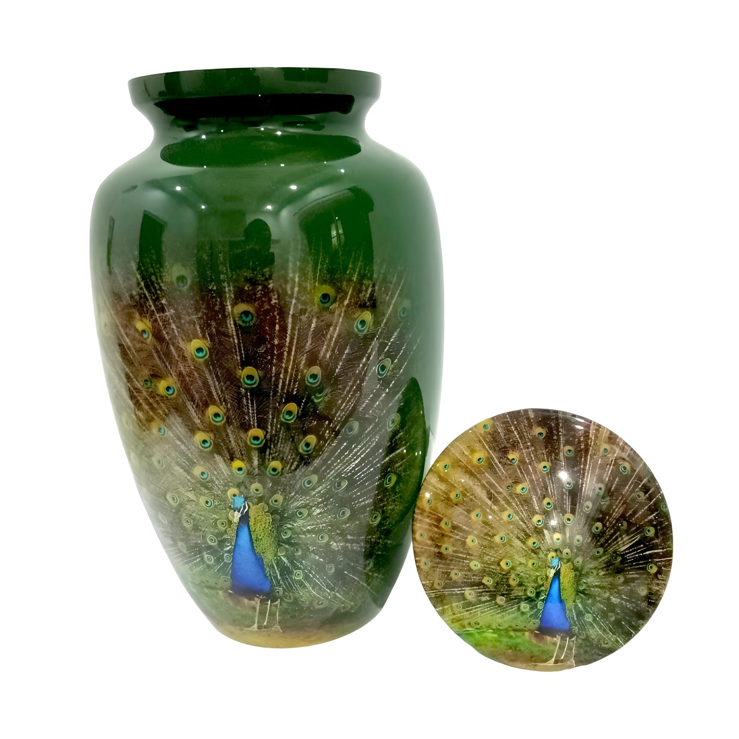 Adult Cremation Urn – Peacock Elegance on Gloss Green Aluminum (Product Code: NUPFO)