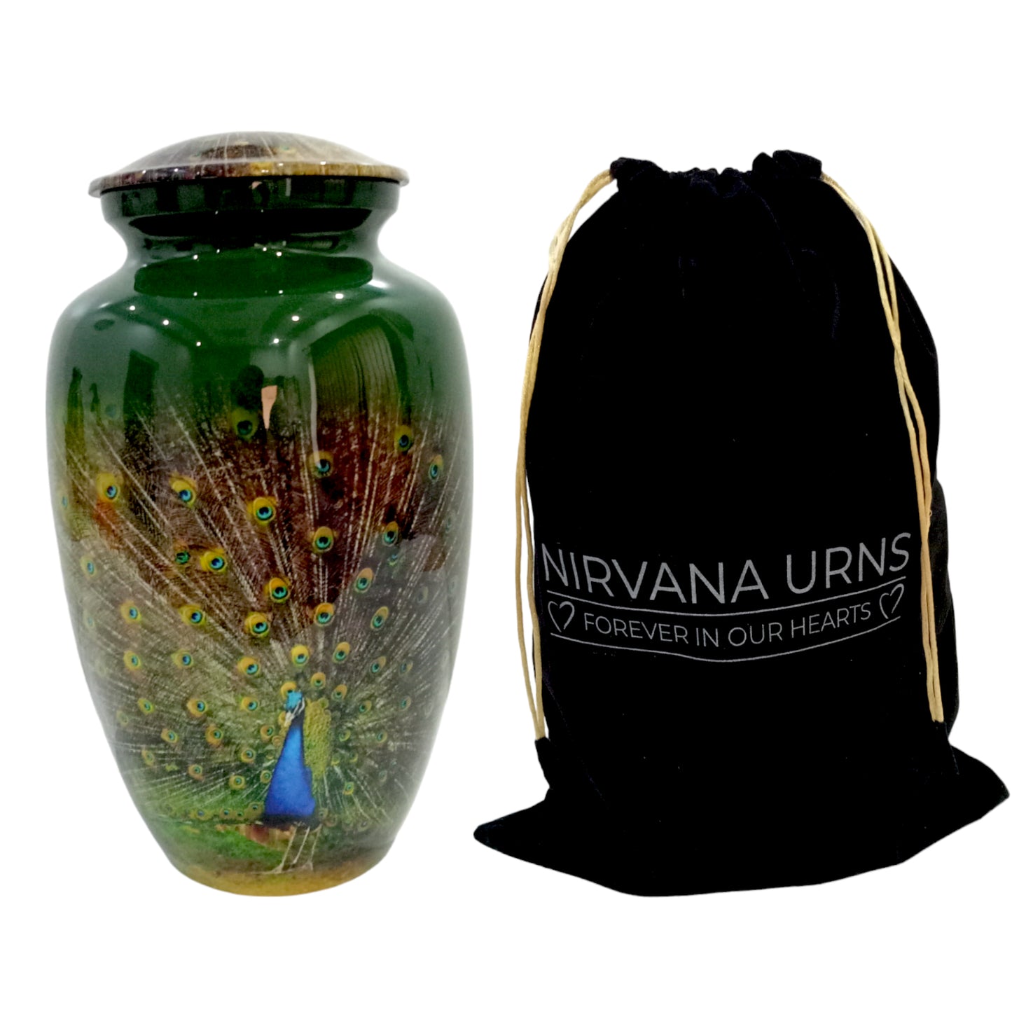 Adult Cremation Urn – Peacock Elegance on Gloss Green Aluminum (Product Code: NUPFO)