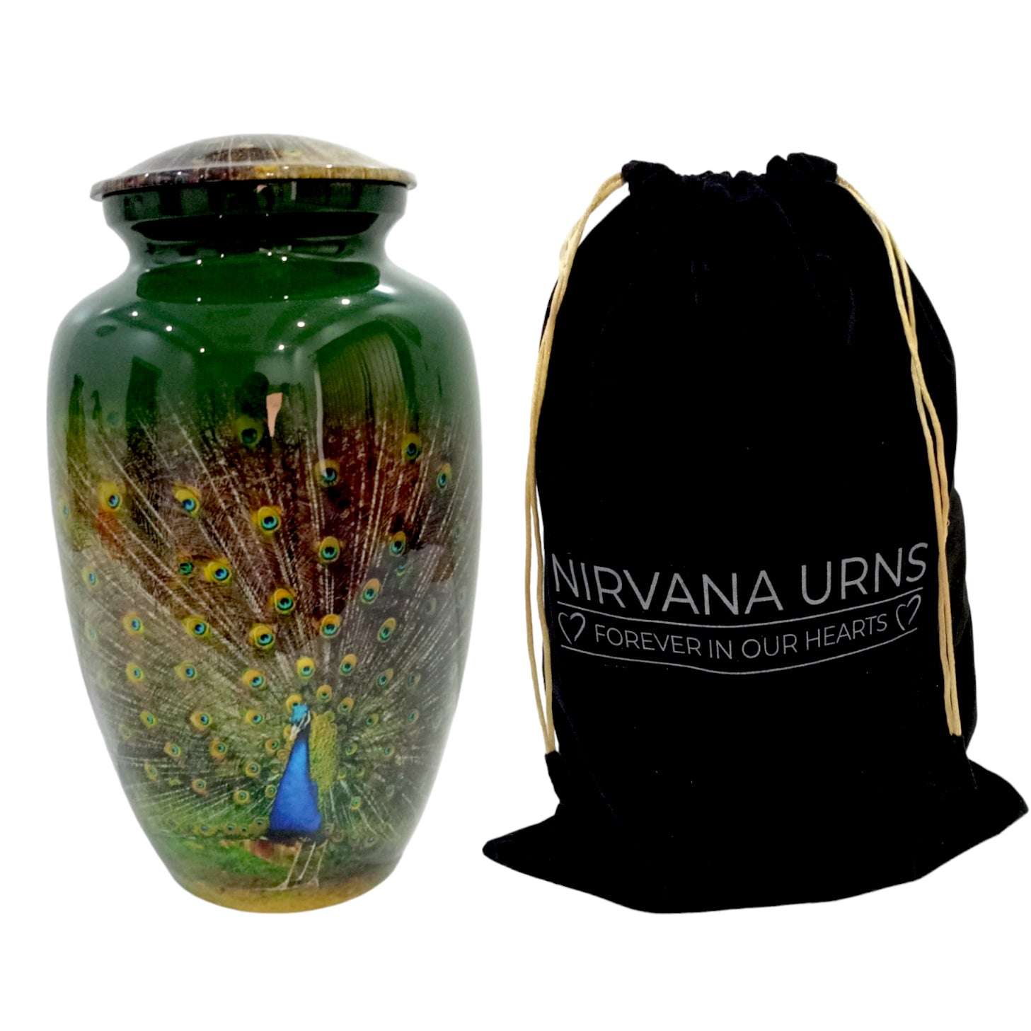 Adult Cremation Urn – Peacock Elegance on Gloss Green Aluminum (Product Code: NUPFO)