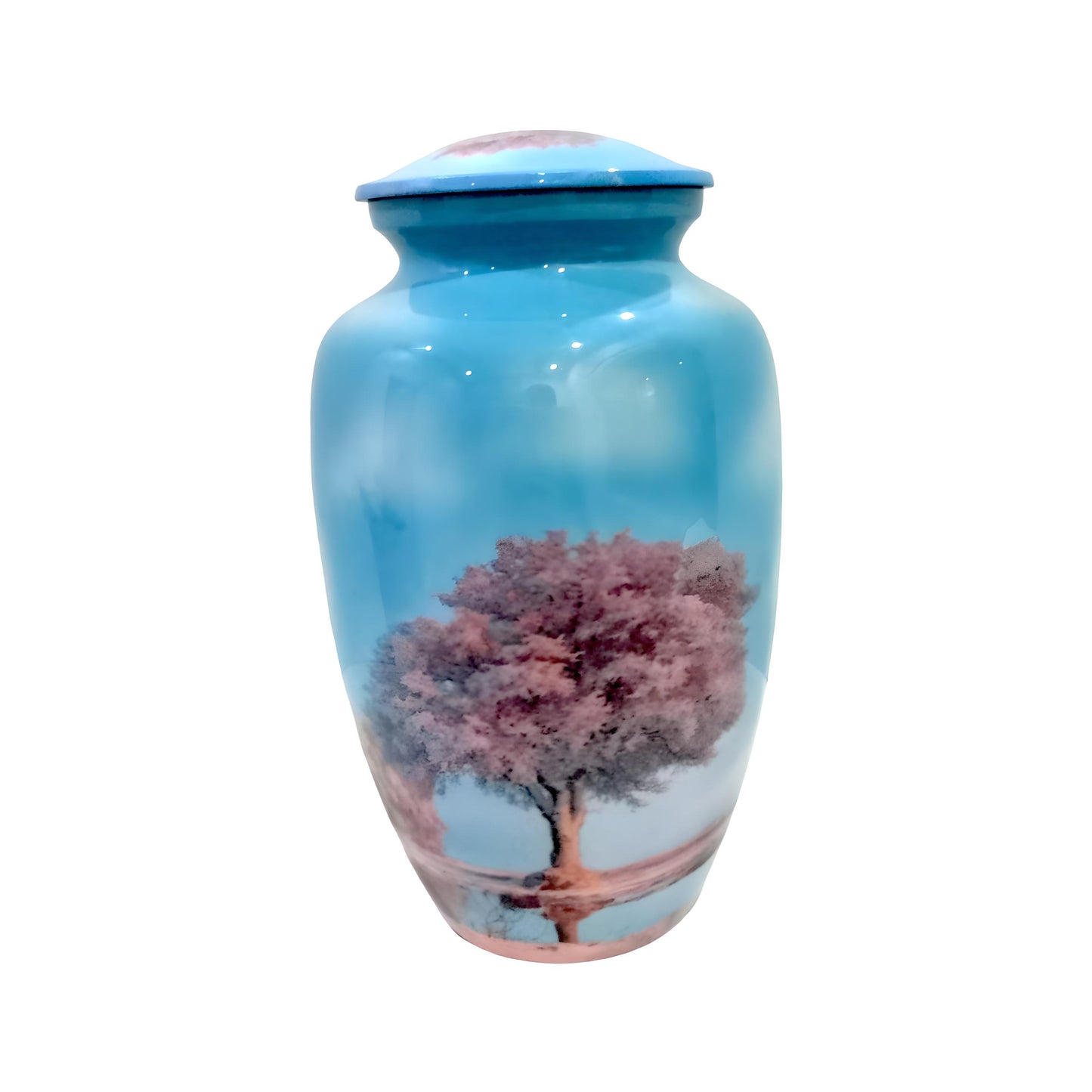 Adult Cremation Urn Pink Blossom Tree Design in Gloss Sky Blue Finish (Product Code: NUSOTBS)