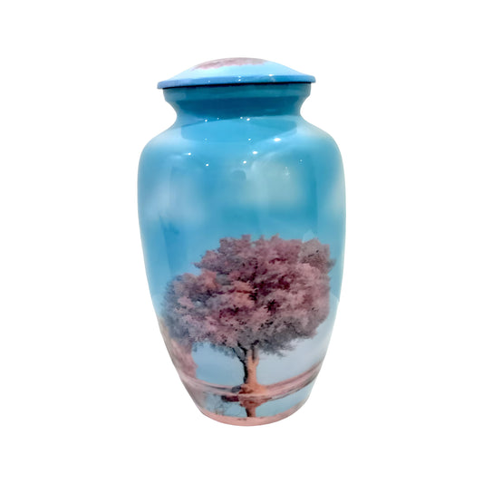 Adult Cremation Urn Pink Blossom Tree Design in Gloss Sky Blue Finish (Product Code: NUSOTBS)