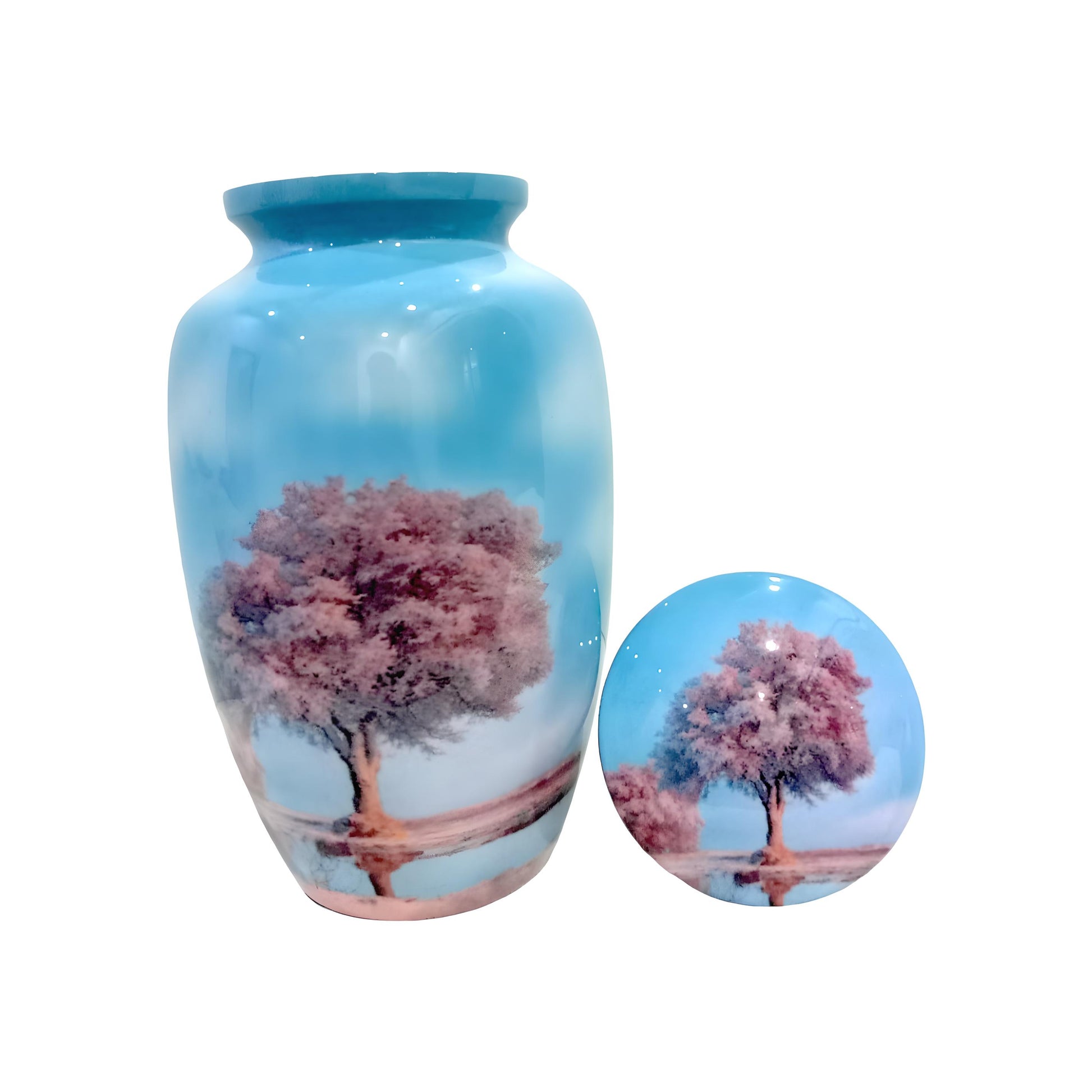 Adult Cremation Urn Pink Blossom Tree Design in Gloss Sky Blue Finish (Product Code: NUSOTBS)