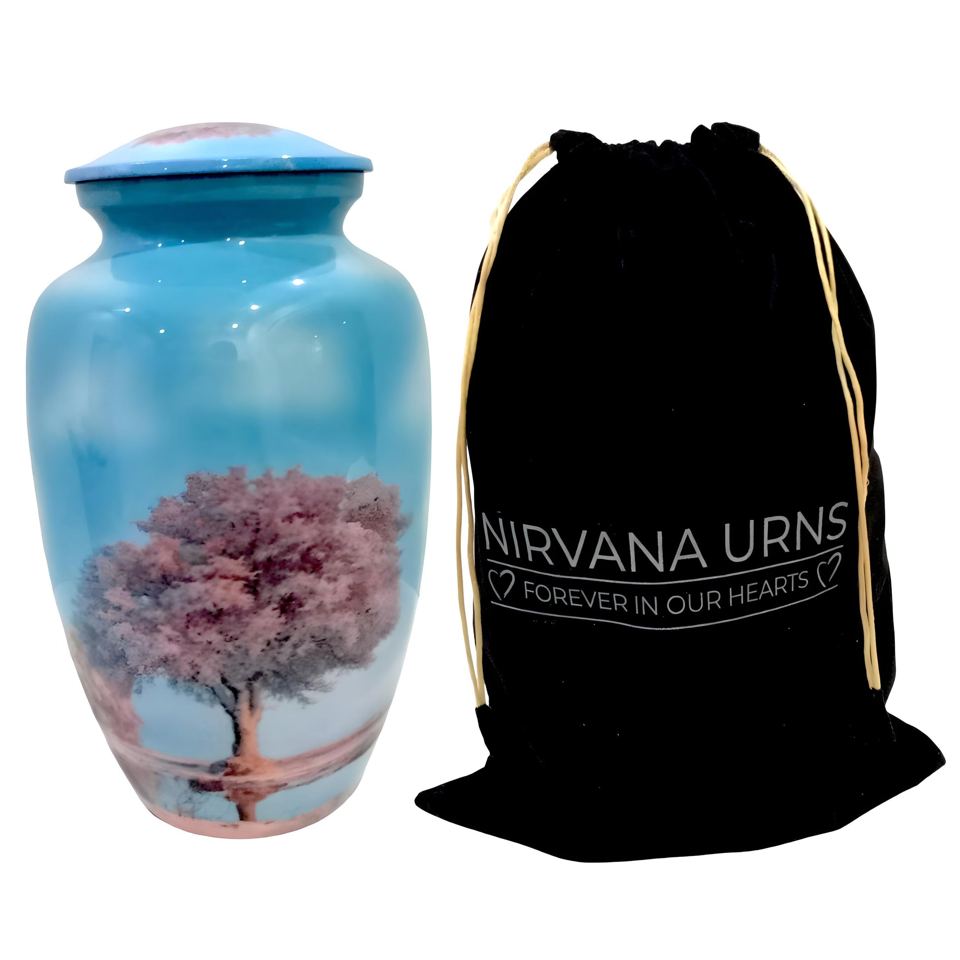 Adult Cremation Urn Pink Blossom Tree Design in Gloss Sky Blue Finish (Product Code: NUSOTBS)
