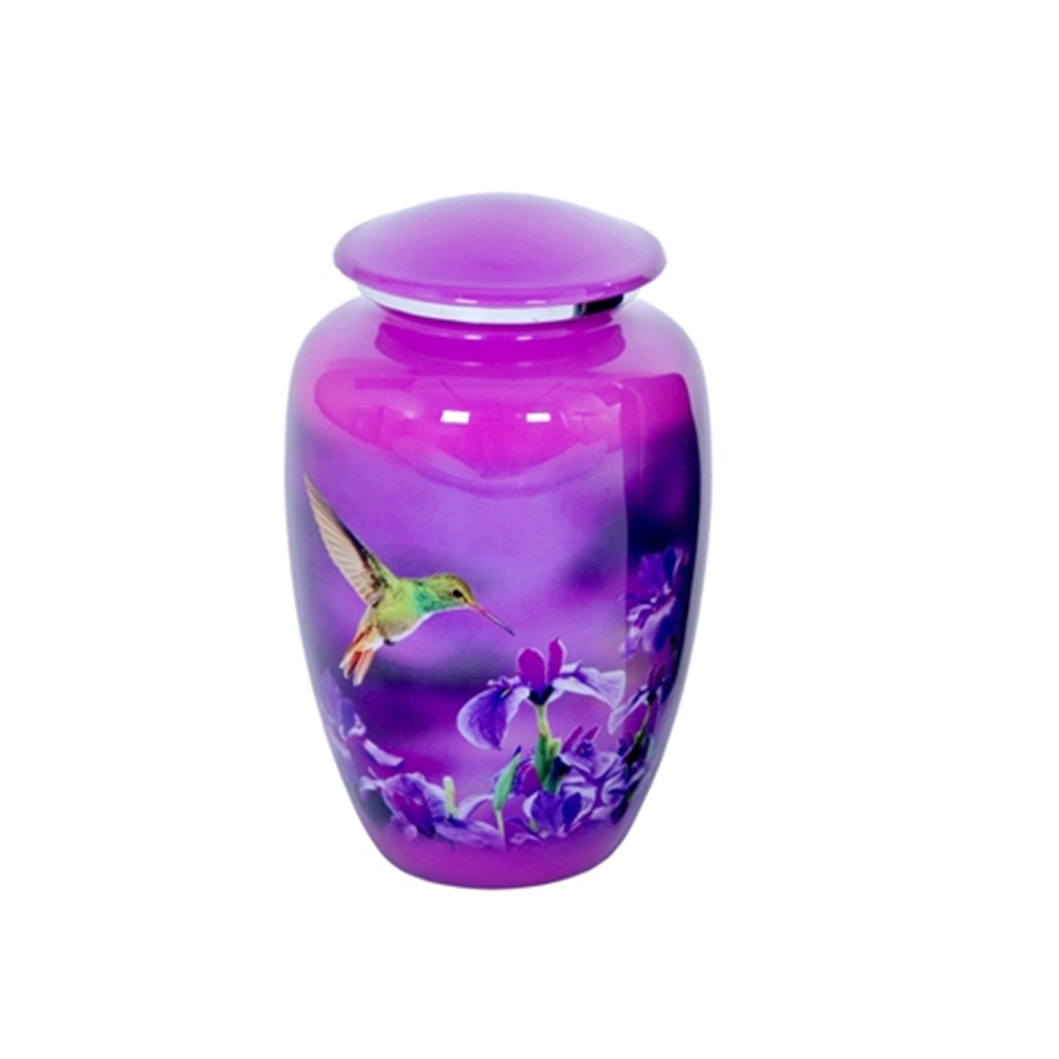Adult Cremation Urn Pink Finish Hummingbird & Purple Floral Design & Velvet Bag (Product Code NUPNK-A)