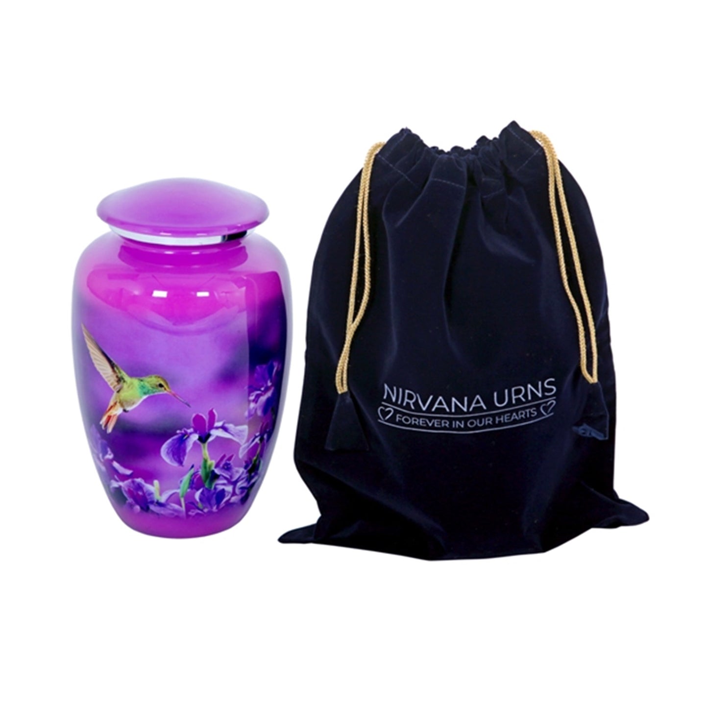 Adult Cremation Urn Pink Finish Hummingbird & Purple Floral Design & Velvet Bag (Product Code NUPNK-A)