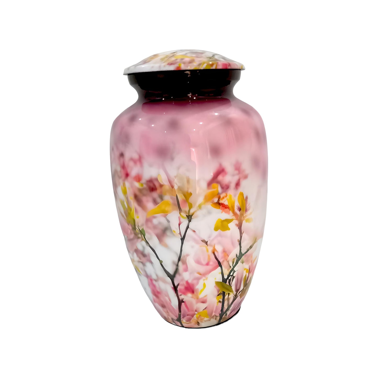 Adult Cremation Urn Pink Floral Blossom Design Gloss Aluminum Finish (Product Code NUFPB)
