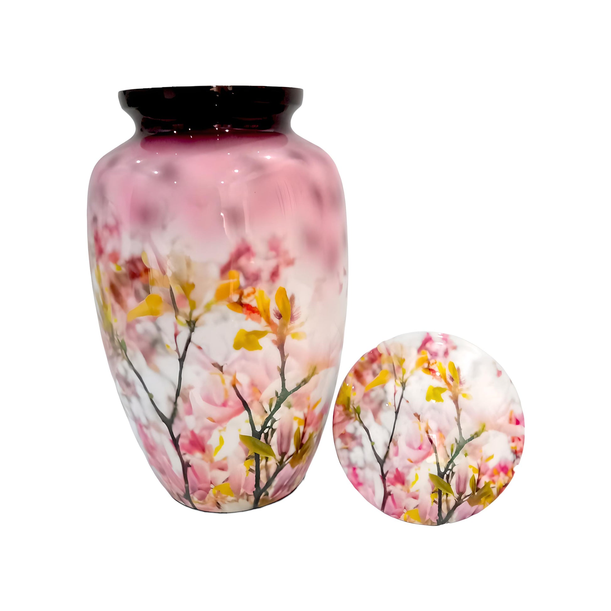 Adult Cremation Urn Pink Floral Blossom Design Gloss Aluminum Finish (Product Code NUFPB)