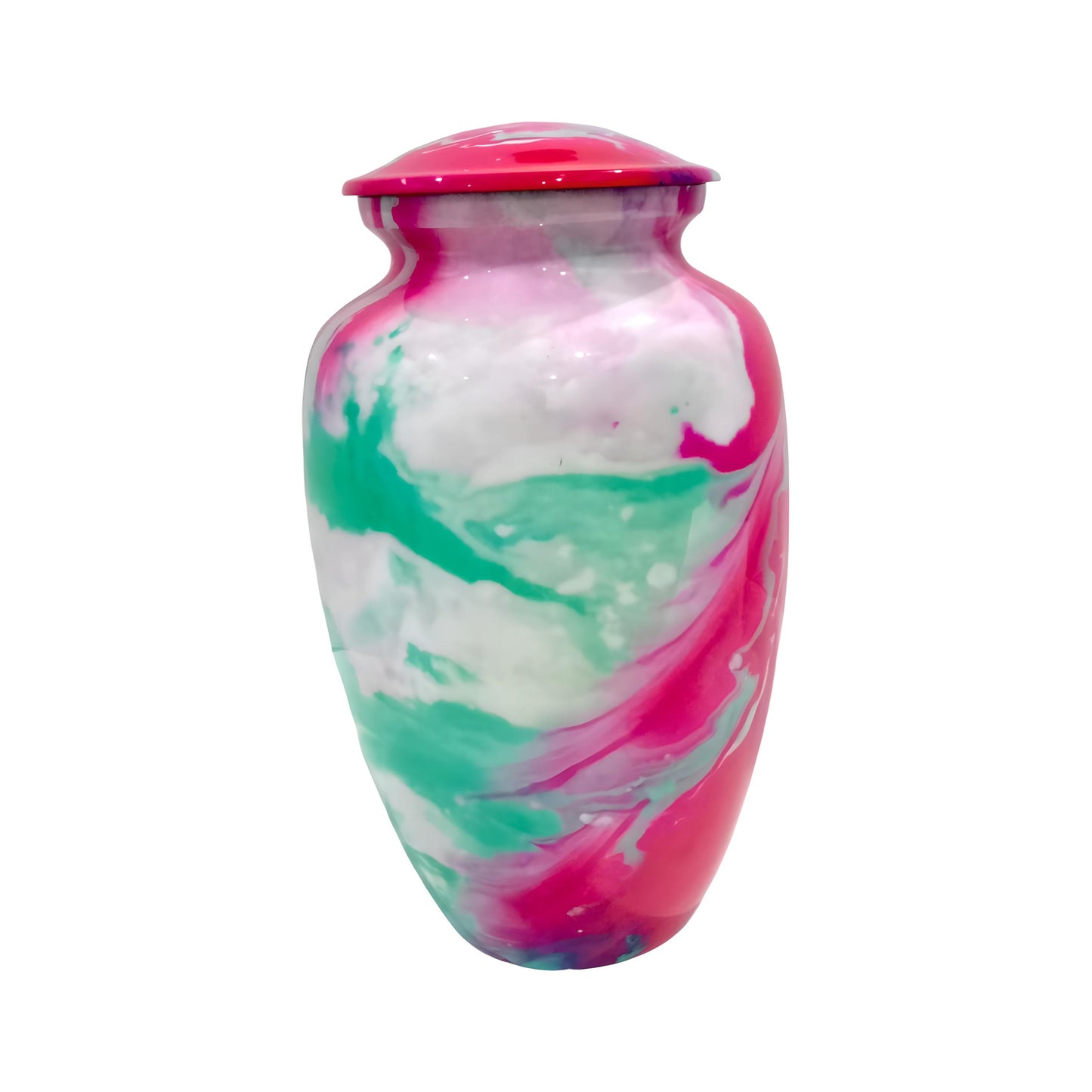 Adult Cremation Urn Pink & Teal Swirl Abstract Design Gloss Aluminum Finish (Product Code NUACT)