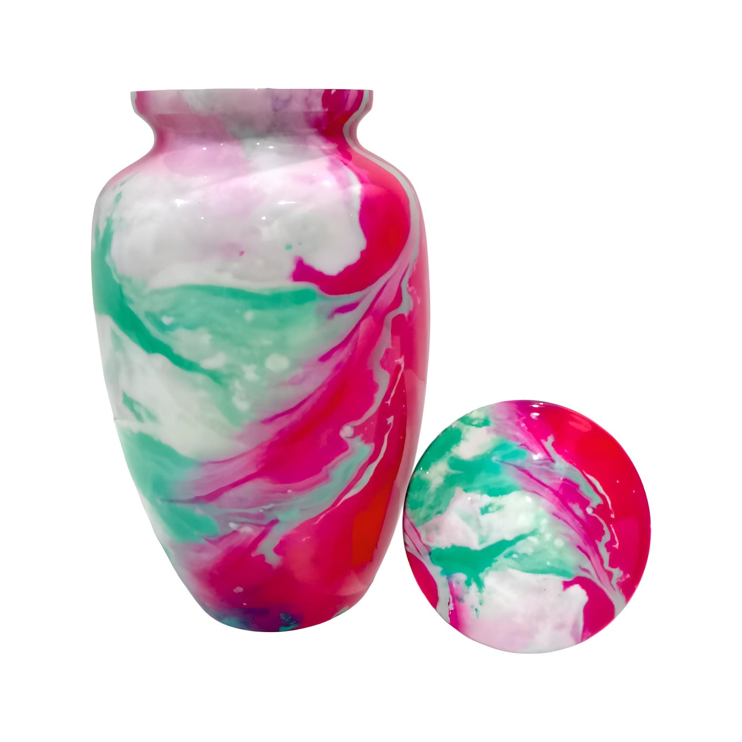 Adult Cremation Urn Pink & Teal Swirl Abstract Design Gloss Aluminum Finish (Product Code NUACT)