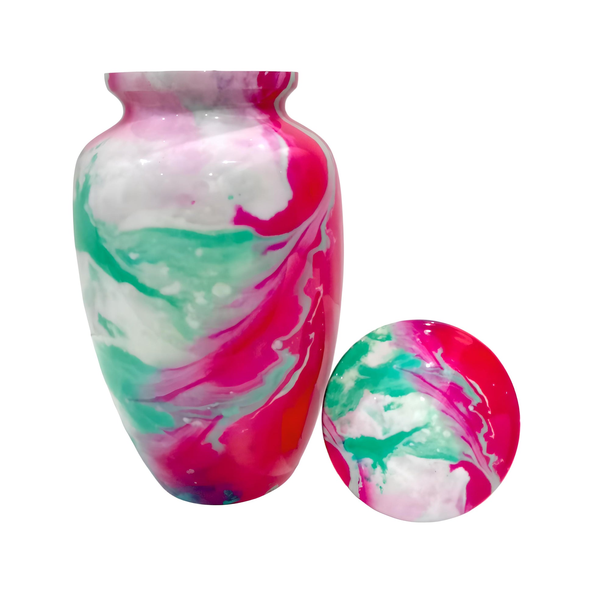 Adult Cremation Urn Pink & Teal Swirl Abstract Design Gloss Aluminum Finish (Product Code NUACT)