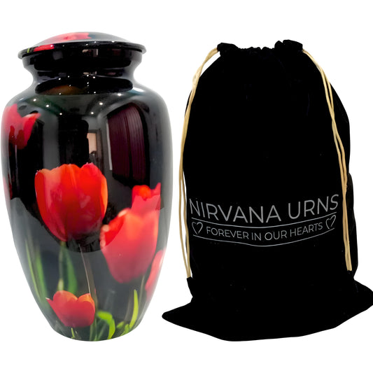 Adult Cremation Urn – Radiant Red Tulip Blossom Design in Gloss Black Finish (Product Code: NURRPT)