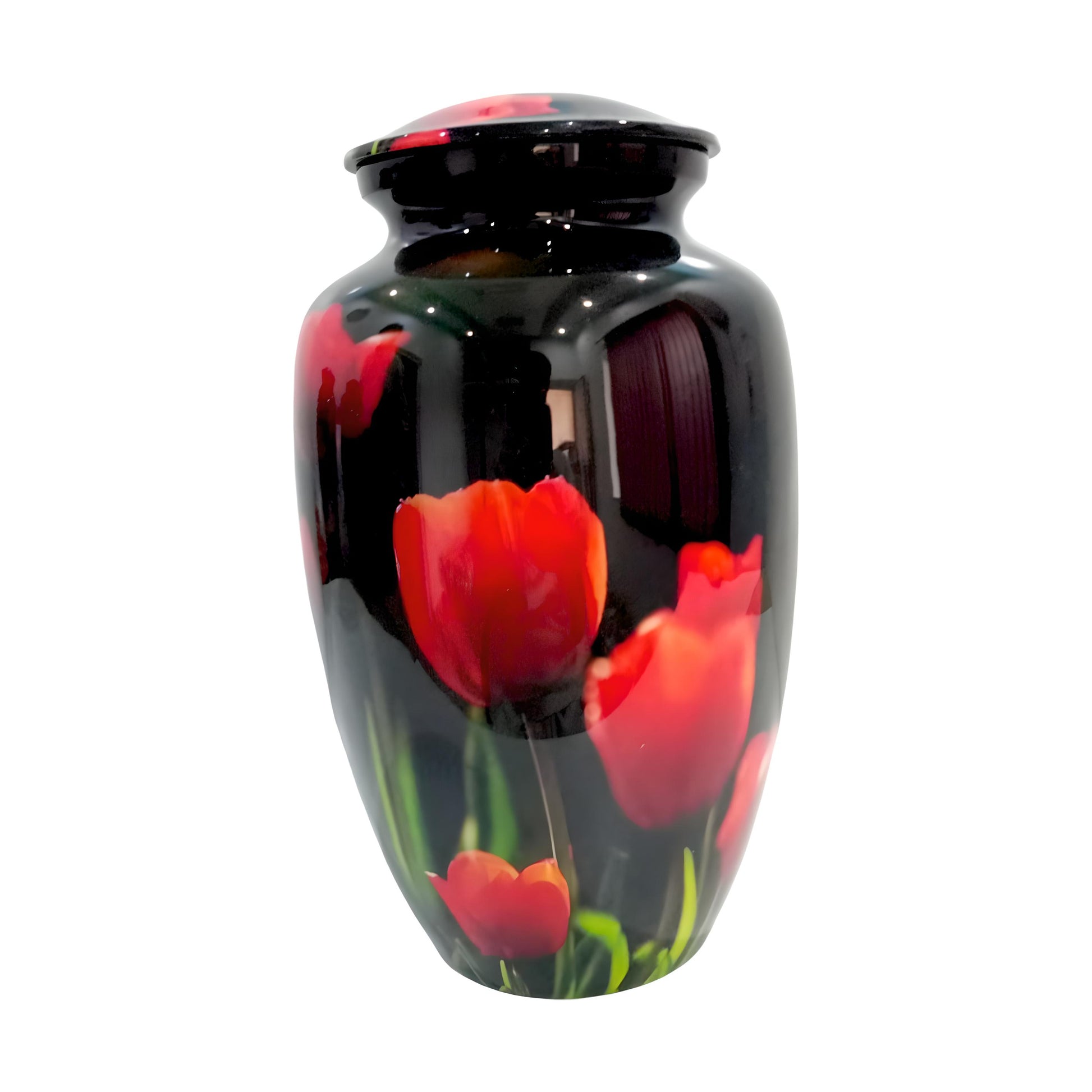 Adult Cremation Urn – Radiant Red Tulip Blossom Design in Gloss Black Finish (Product Code: NURRPT)