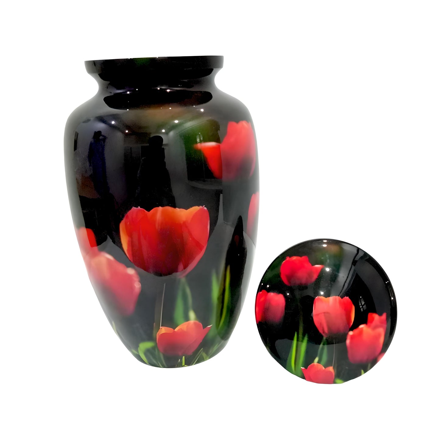 Adult Cremation Urn – Radiant Red Tulip Blossom Design in Gloss Black Finish (Product Code: NURRPT)