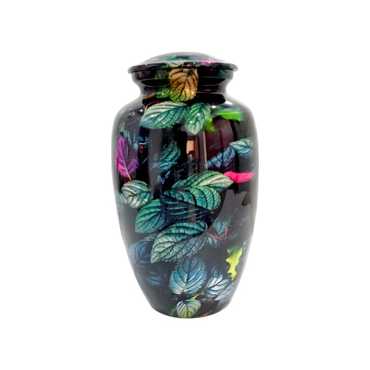Adult Cremation Urn – Rainforest Green & Purple Leaf Design in Gloss Finish (Product Code: NURGPBL)