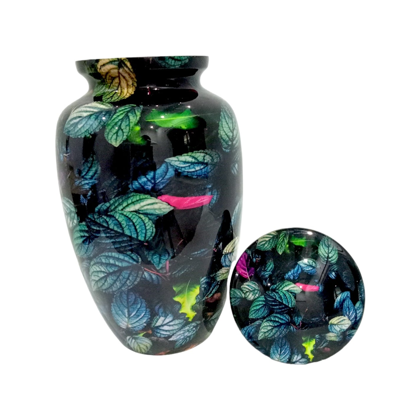 Adult Cremation Urn – Rainforest Green & Purple Leaf Design in Gloss Finish (Product Code: NURGPBL)