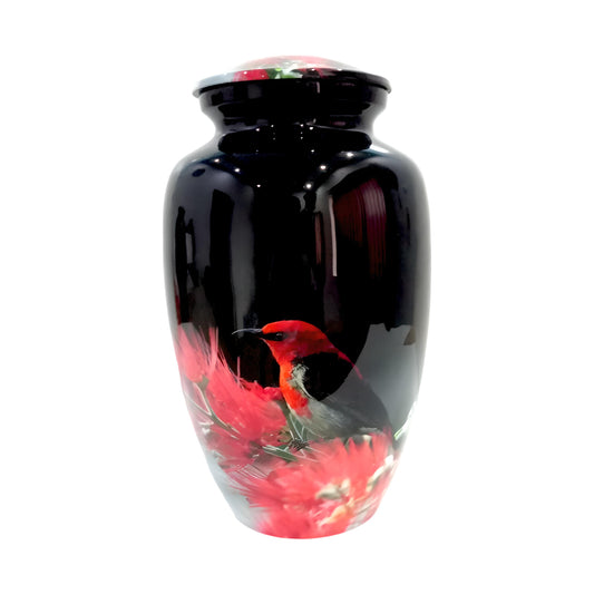 Adult Cremation Urn – Red Bird & Blossoms Design in Gloss Finish (Product Code: NURHBRP)