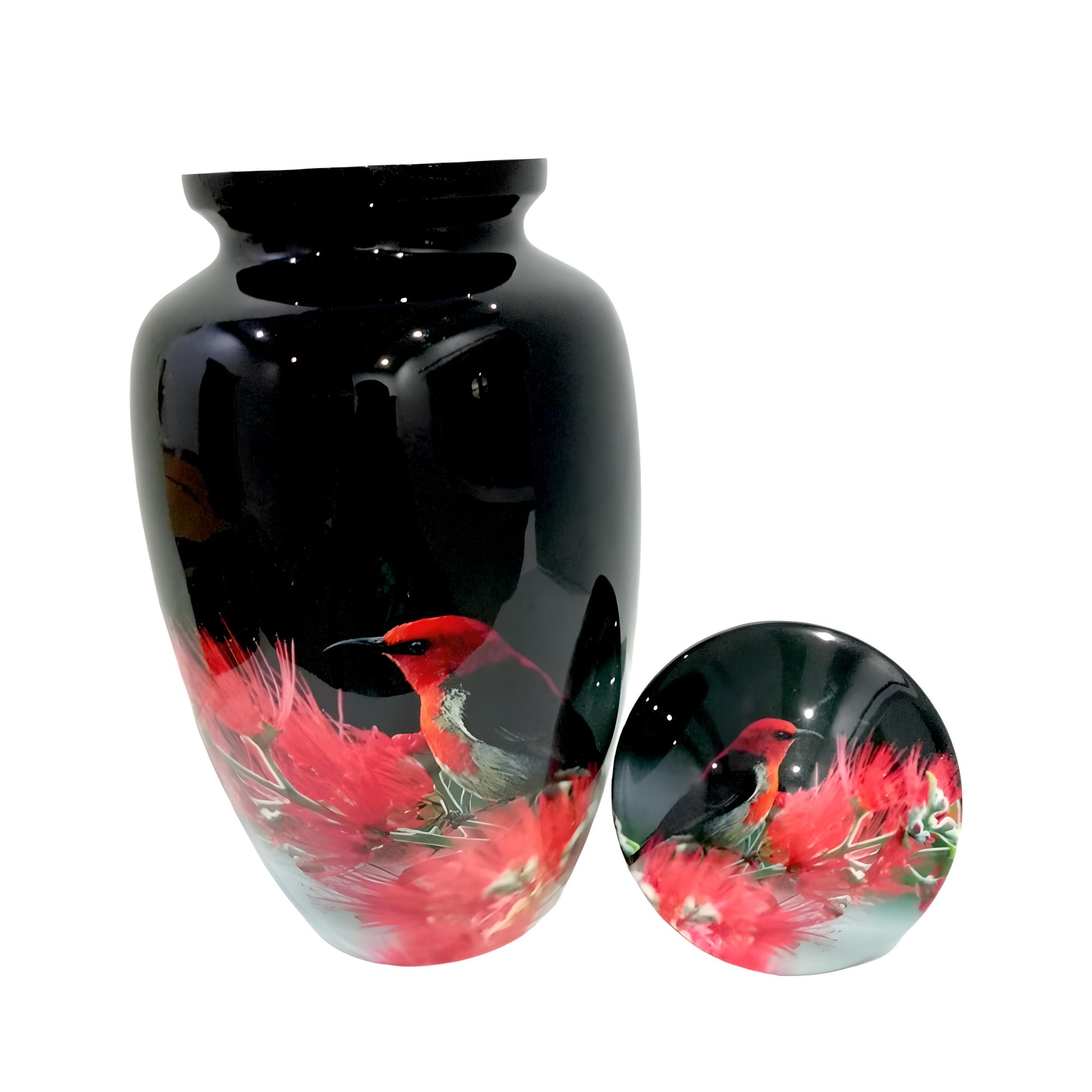 Adult Cremation Urn – Red Bird & Blossoms Design in Gloss Finish (Product Code: NURHBRP)