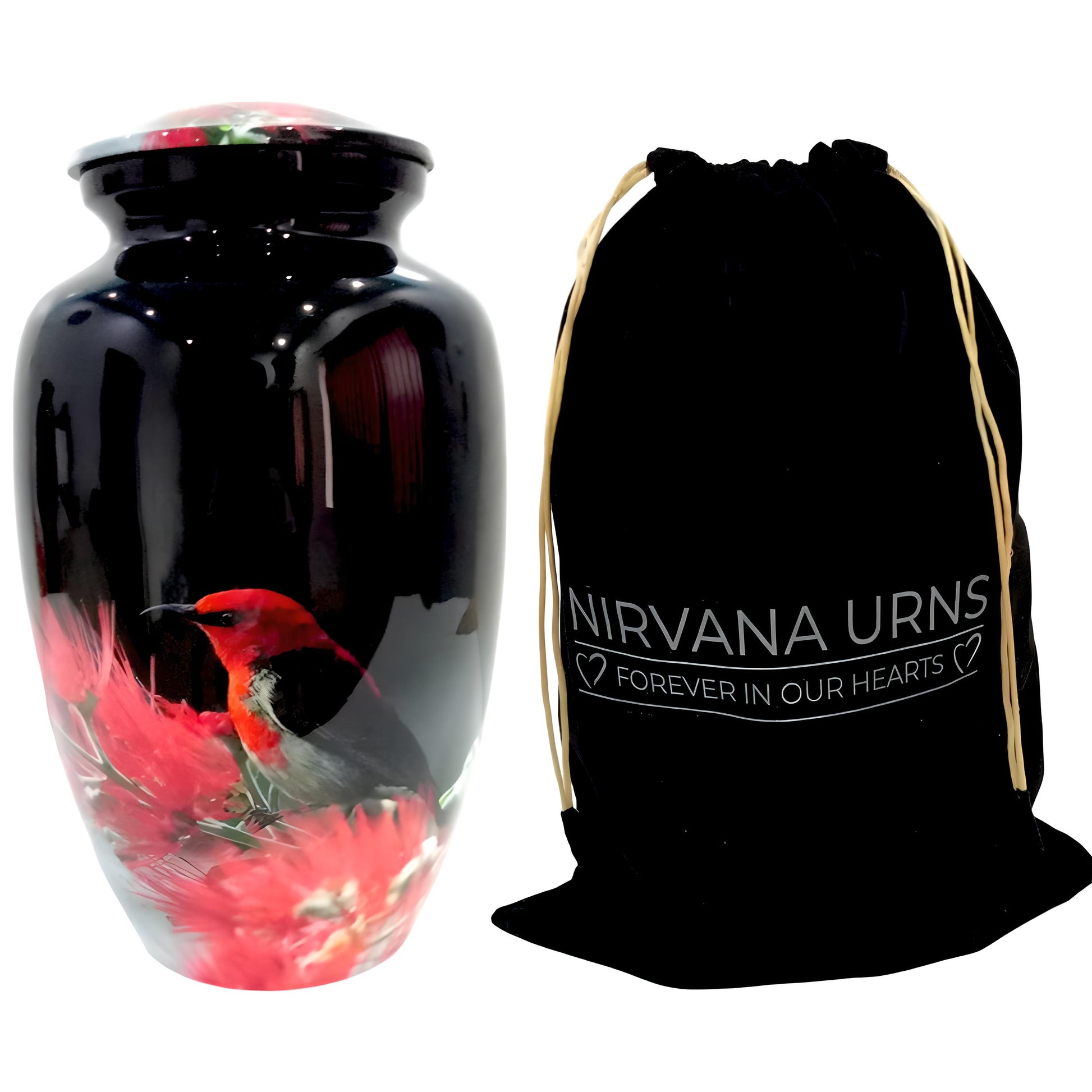 Adult Cremation Urn – Red Bird & Blossoms Design in Gloss Finish (Product Code: NURHBRP)