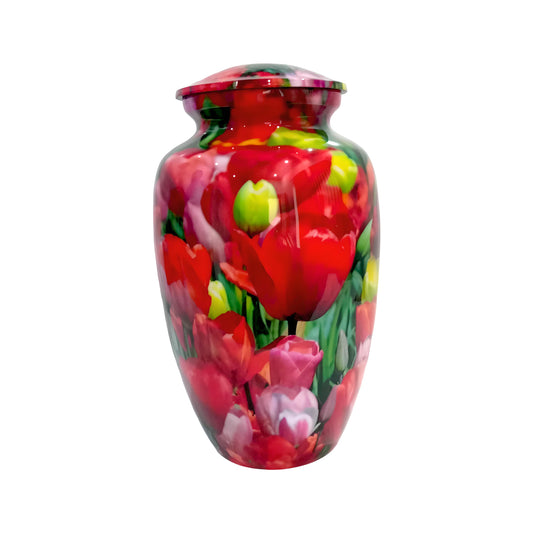 Adult Cremation Urn – Red, White & Green Tulip Blossom Design in Gloss Finish (Product Code: NURYPR)
