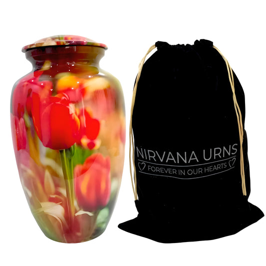 Adult Cremation Urn – Red & Yellow Tulip Blossom Design in Gloss Finish (Product Code: NURRPO)