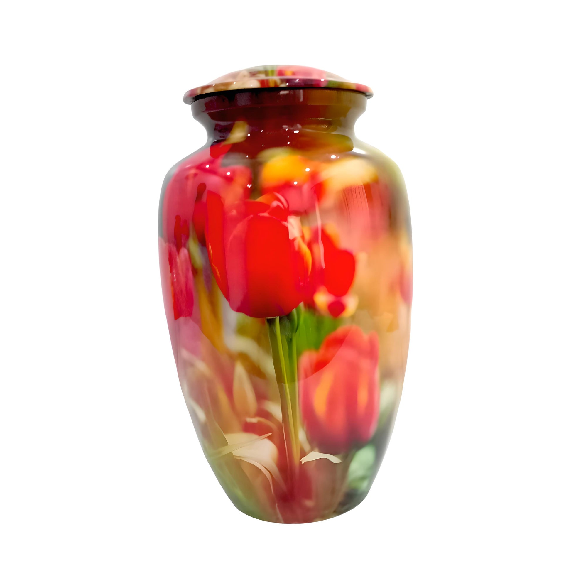 Adult Cremation Urn – Red & Yellow Tulip Blossom Design in Gloss Finish (Product Code: NURRPO)