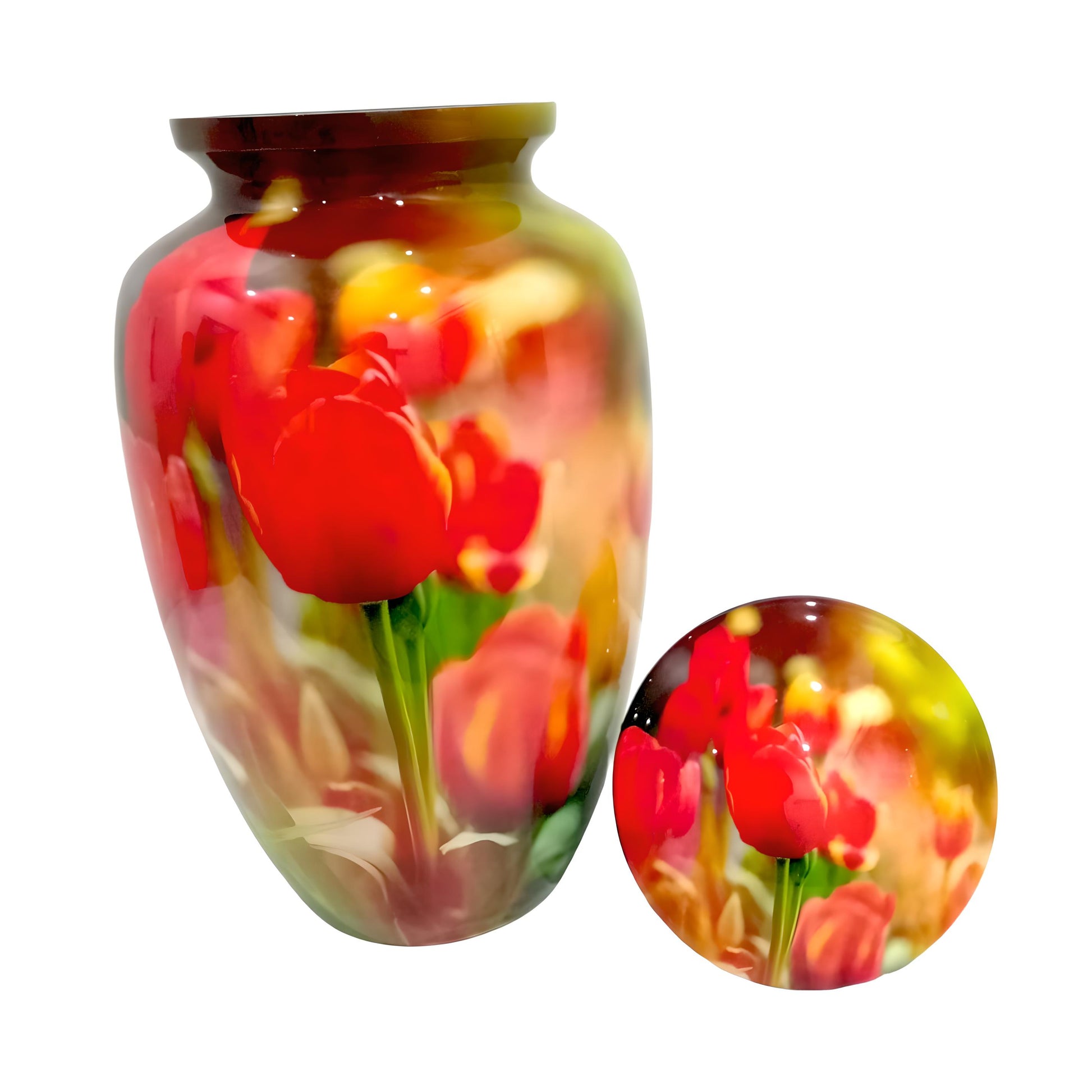 Adult Cremation Urn – Red & Yellow Tulip Blossom Design in Gloss Finish (Product Code: NURRPO)