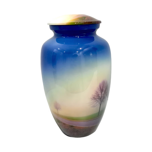 Adult Cremation Urn Serene Roadside Trees Design in Gloss Blue Finish (Product Code: NURTS)