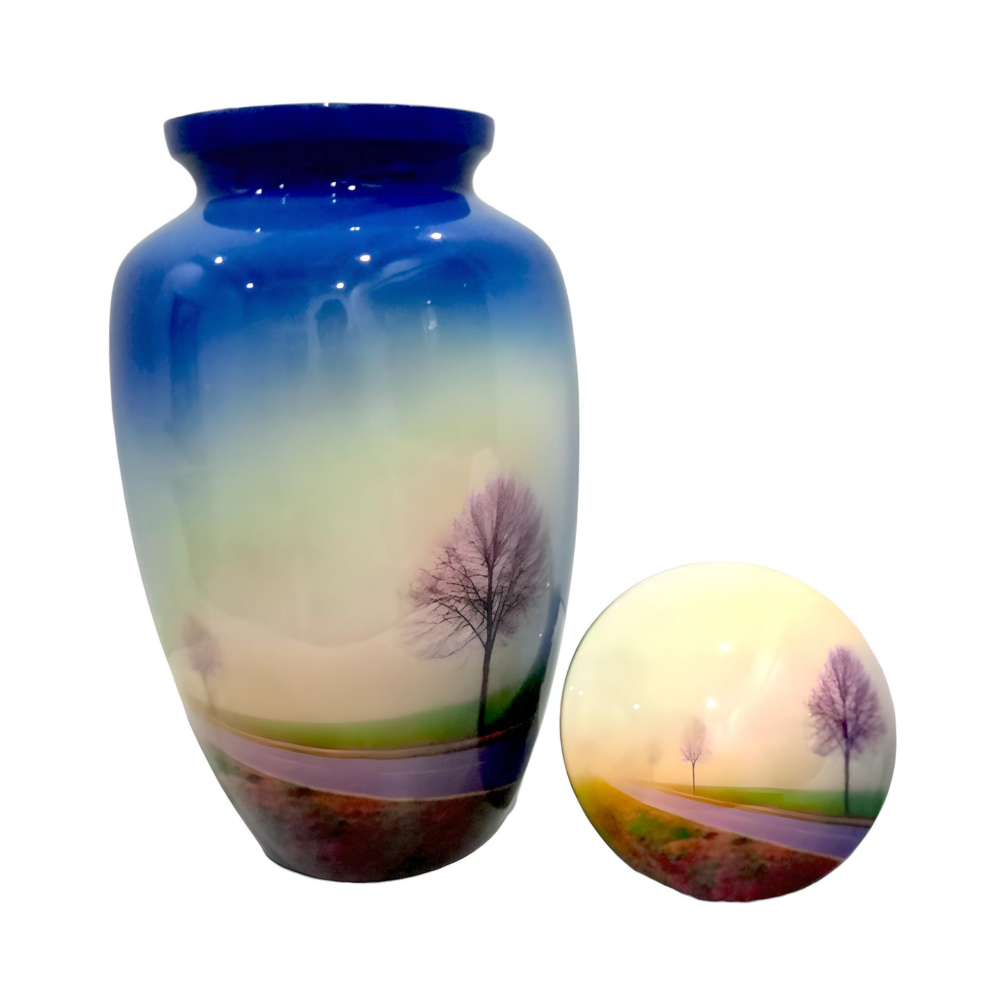 Adult Cremation Urn Serene Roadside Trees Design in Gloss Blue Finish (Product Code: NURTS)