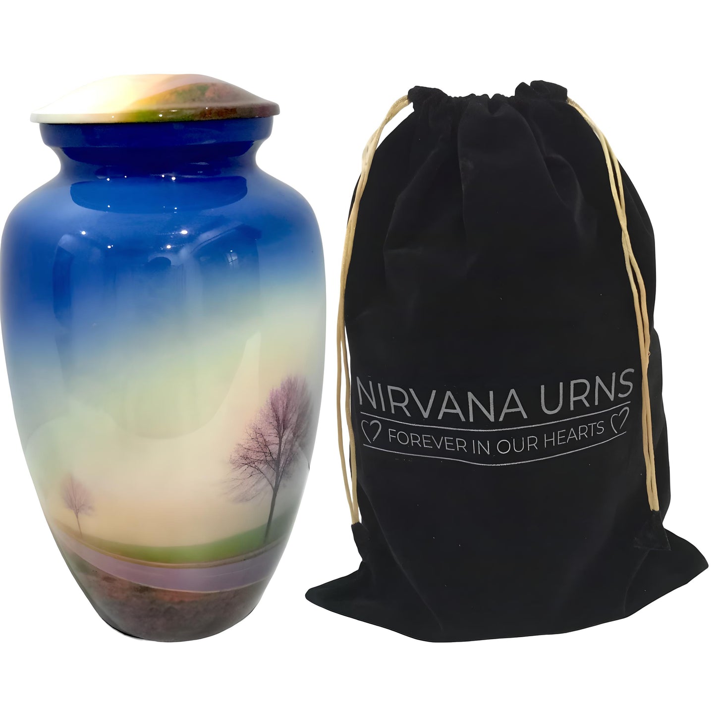 Adult Cremation Urn Serene Roadside Trees Design in Gloss Blue Finish (Product Code: NURTS)