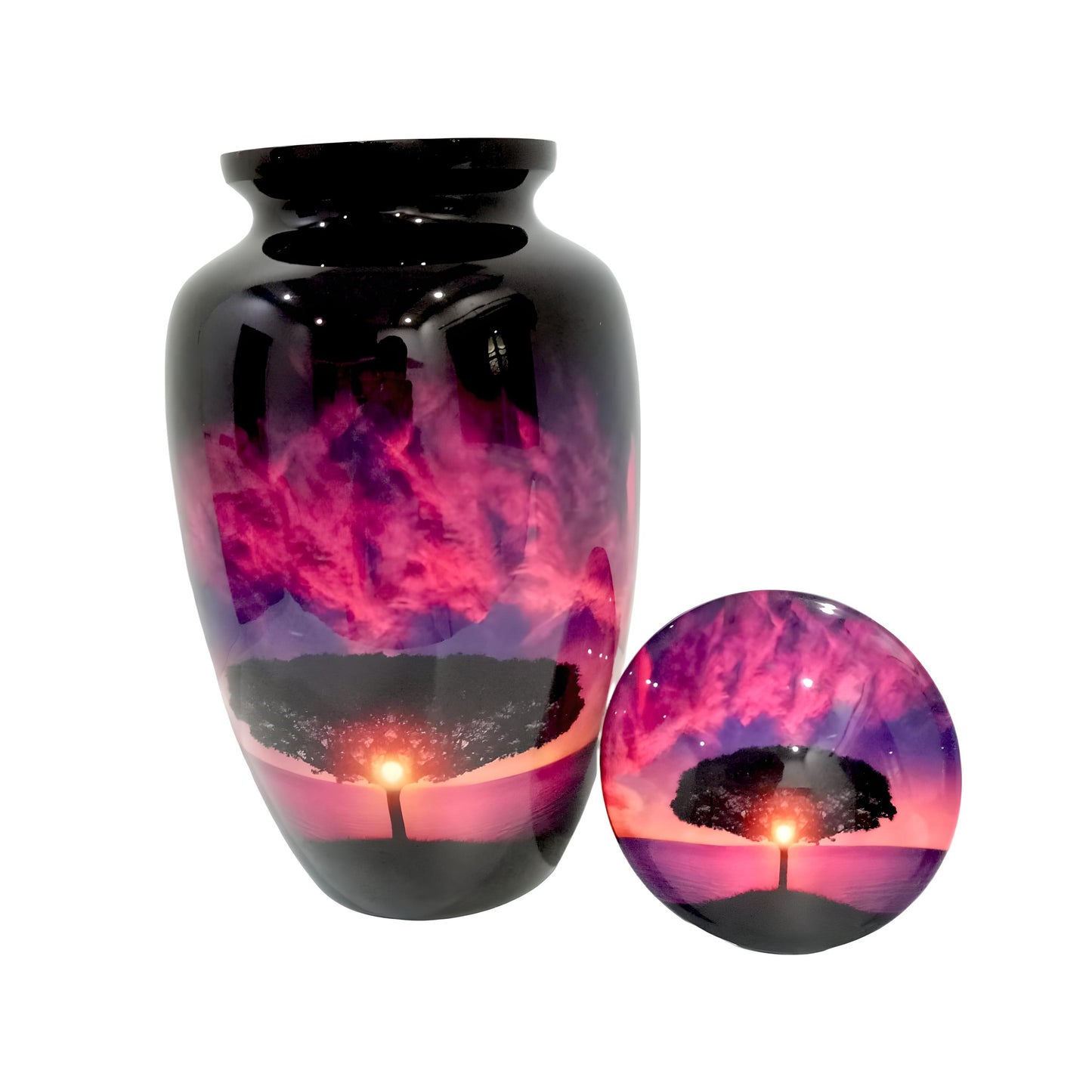 Adult Cremation Urn – Serene Sunset Vanilla Sky & Tree of Life Design in Gloss Finish (Product Code: NURSTS)