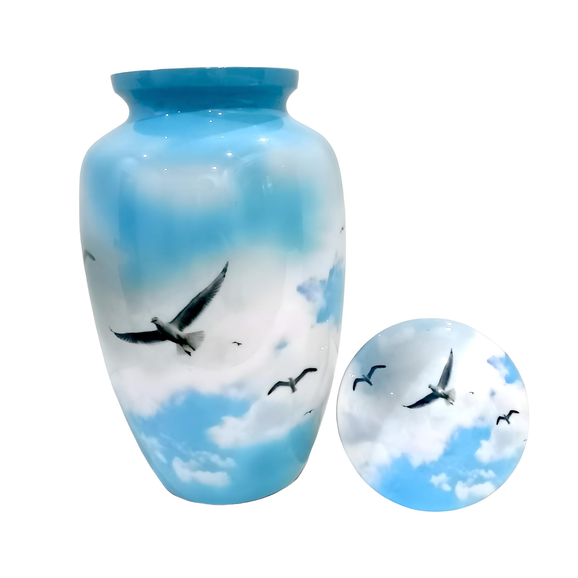 Adult Cremation Urn Soaring Birds in Sky Design with Gloss Blue Finish (Product Code: NUSCB)