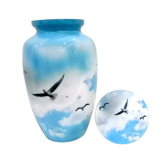 Adult Cremation Urn Soaring Birds in Sky Design with Gloss Blue Finish (Product Code: NUSCB)