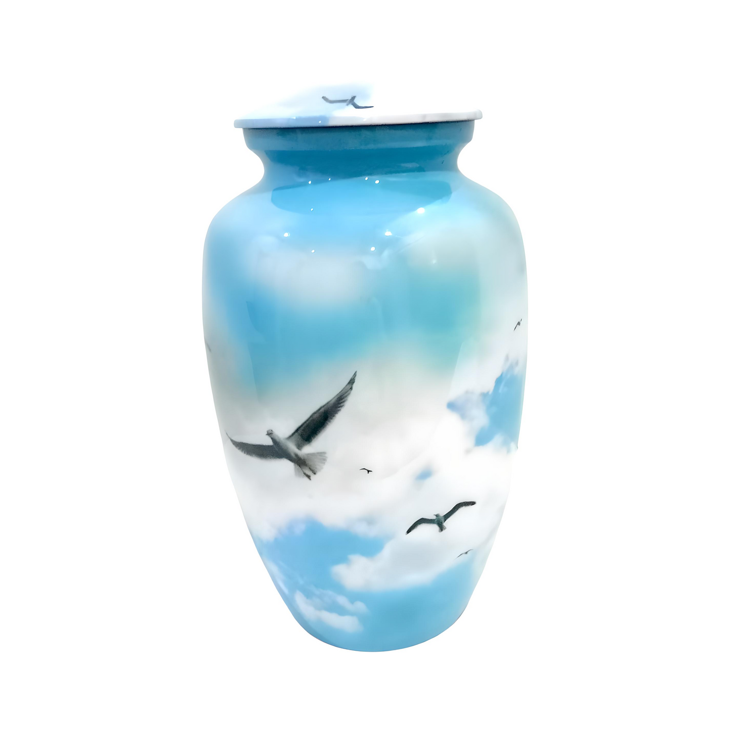 Adult Cremation Urn Soaring Birds in Sky Design with Gloss Blue Finish (Product Code: NUSCB)