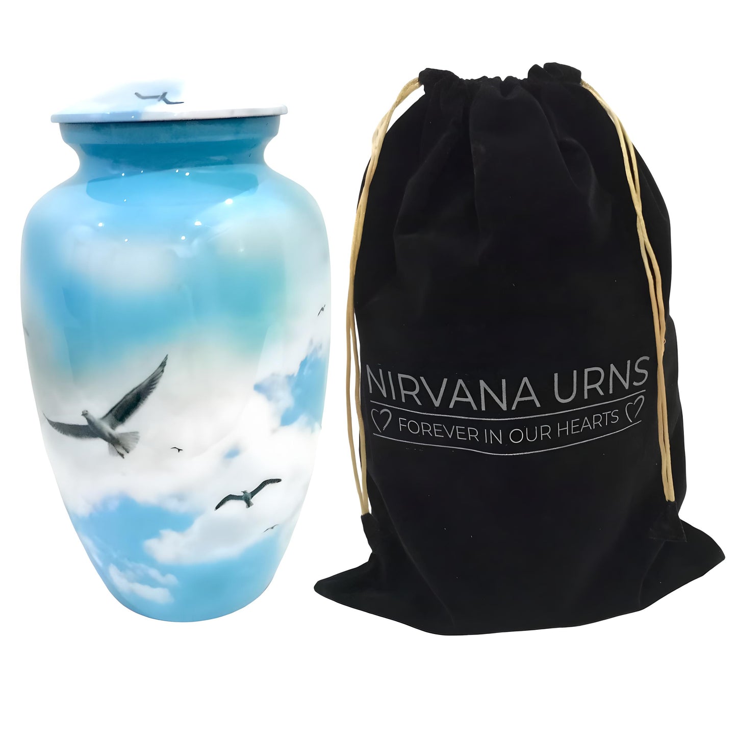 Adult Cremation Urn Soaring Birds in Sky Design with Gloss Blue Finish (Product Code: NUSCB)