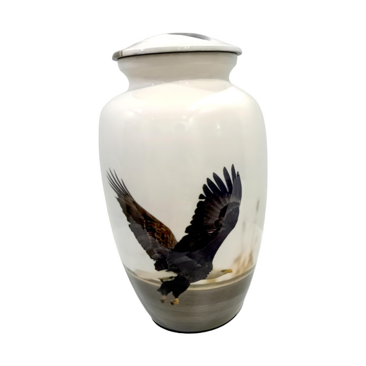 Adult Cremation Urn Soaring Eagle Design in Gloss White Aluminum Finish (Product Code NUABE)