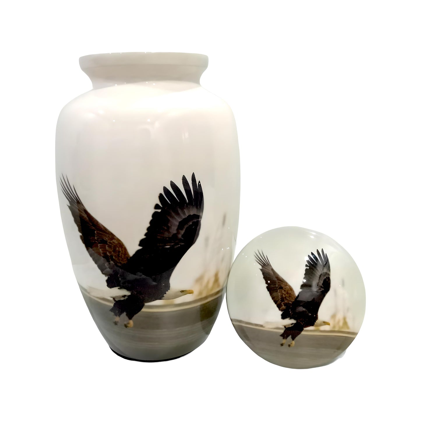 Adult Cremation Urn Soaring Eagle Design in Gloss White Aluminum Finish (Product Code NUABE)