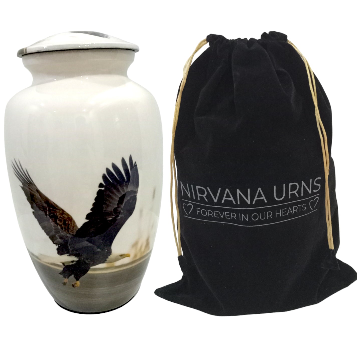 Adult Cremation Urn Soaring Eagle Design in Gloss White Aluminum Finish (Product Code NUABE)