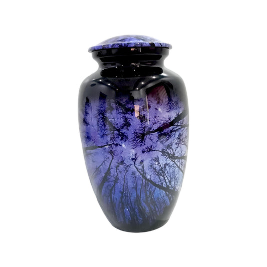 Adult Cremation Urn – Starry Night Forest Design in Gloss Finish (Product Code: NUNSTS)