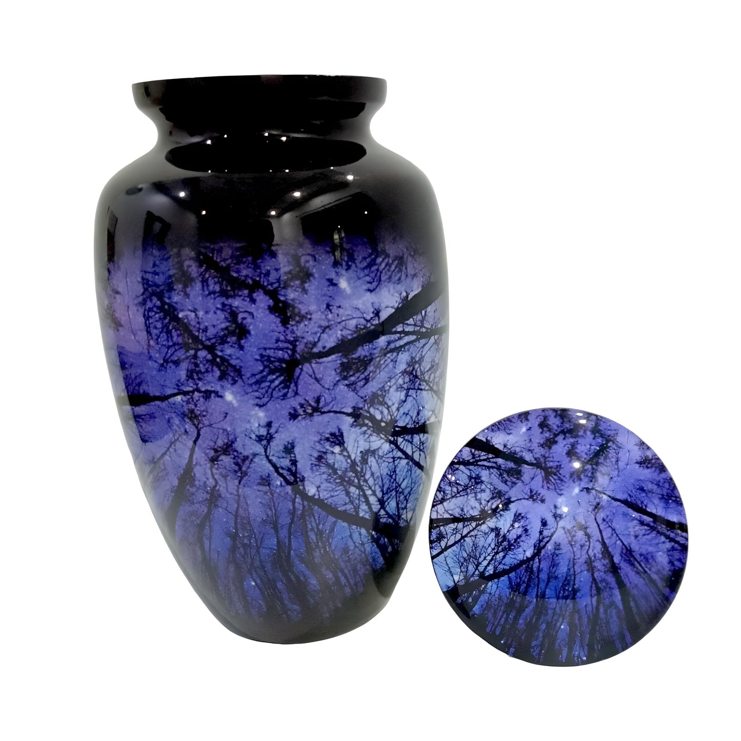 Adult Cremation Urn – Starry Night Forest Design in Gloss Finish (Product Code: NUNSTS)