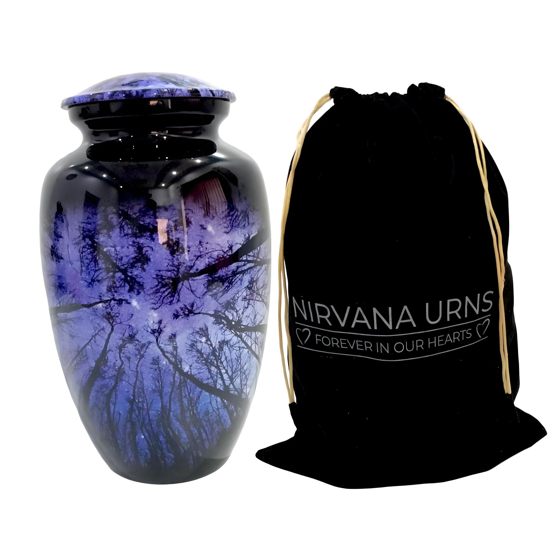 Adult Cremation Urn – Starry Night Forest Design in Gloss Finish (Product Code: NUNSTS)